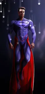 Superhero in blue suit with red cape on a dark background.