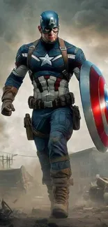 Superhero in iconic action pose with shield on a dramatic background.