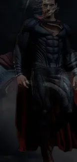 Superman in a dark, dramatic pose with a flowing cape.