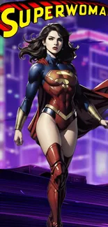 Illustration of Superwoman standing in a vibrant cityscape background.