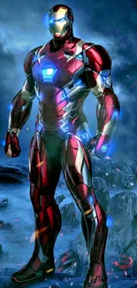 Hero in advanced tech armor with glowing blue and red hues on a smoky background.