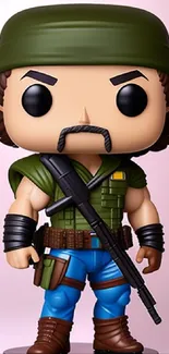 Heroic vinyl figure with military attire on pink background.