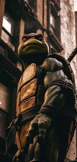 Heroic ninja turtle stands against an urban backdrop, embodying adventure and action.