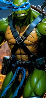Green ninja turtle with blue mask in action pose.