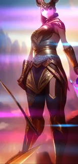 Fantasy warrior in radiant armor with purple hues and vibrant background.