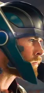 Heroic warrior wearing a helmet in a striking close-up shot.