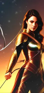 Heroic female warrior in golden armor against a sunset backdrop.