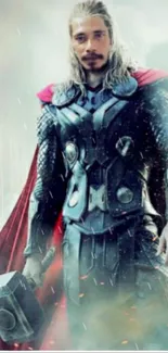 Epic superhero in armor with red cloak.