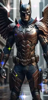 Hero in winged futuristic armor against cityscape.