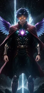 Epic warrior with cosmic wings and glowing eyes on a dark background.