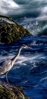 Heron standing by the ocean waves in serene landscape wallpaper.