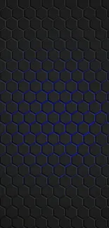 Black hexagon pattern wallpaper with blue accents for phones.