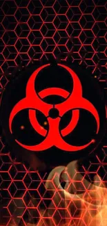 Red biohazard symbol on black hexagonal background.