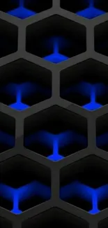 Hexagonal pattern with blue glow on a black background.