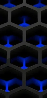 Hexagonal black and blue abstract wallpaper with geometric design.