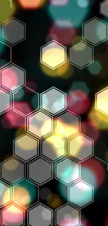 Vibrant hexagonal bokeh wallpaper with colorful abstract designs and soft light flares.