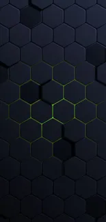 Hexagonal dark geometric wallpaper with black and green accents.