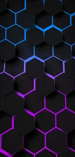 Dark hexagonal wallpaper with neon blue and purple tones.