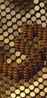 Bronze hexagonal metallic art wallpaper design.