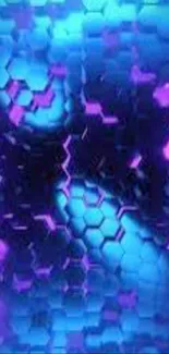 Vibrant hexagonal neon abstract wallpaper in blue and purple hues.