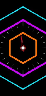 Neon hexagonal clock wallpaper with purple, orange, and blue on black background.