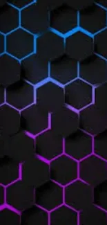 3D hexagonal grid with neon accents on a mobile wallpaper.