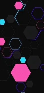 Vibrant neon hexagonal pattern with black, pink, and blue hues.