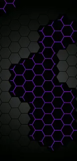 Dark hexagonal wallpaper with purple neon lines.