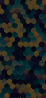 Abstract hexagonal pattern with teal and mustard tones on phone wallpaper.