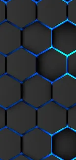 Futuristic hexagonal pattern with blue glow on black background.