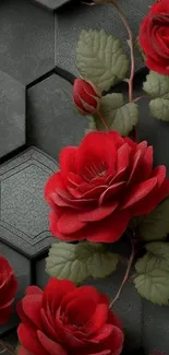 Dark hexagonal pattern with vibrant red roses and green leaves.