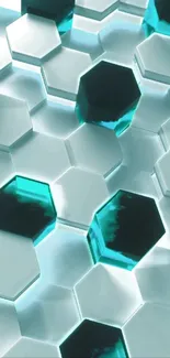 Abstract hexagonal pattern with teal highlights in 3D design.