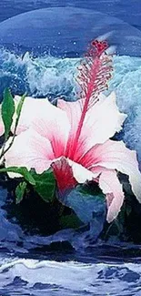 Pink hibiscus flower in a bubble against blue ocean waves.