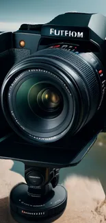 Close-up view of a professional camera lens.