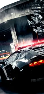 High-speed car chase with sports cars in motion, featuring a dynamic scene.