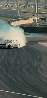 Car drifting on race track with smoke.