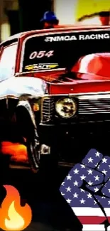 High-speed drag racing car with flames and patriotic theme.