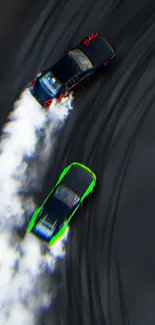 Two cars creating smoke trails during a high-speed drift.