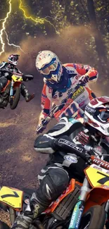 Motocross racers speeding through dirt with dramatic lightning backdrop.