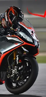 Dynamic motorcycle racing on track with sleek design.