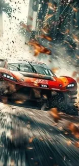 Red race car speeding on track with swirling dust and debris.