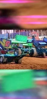 Colorful race cars speeding on a dirt track, capturing high-speed action.