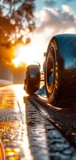 Racing car speeds on track at sunset.