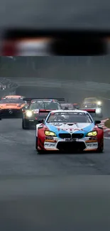 A thrilling scene of racing cars on a track, capturing high-speed action and vibrant colors.