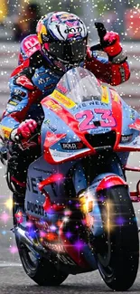 Racing motorcycle on track with vibrant colors, capturing high-speed action.