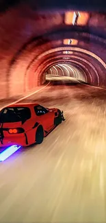 Sports car speeding through tunnel with dynamic blur effect.