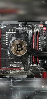 Bitcoin-themed circuit board wallpaper in black and red tones.