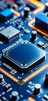 Close-up view of a blue circuit board with microchip.