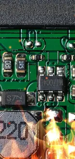 Close-up of a green circuit board with electronic components.