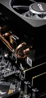 Close-up of a CPU cooler with metallic and black components.